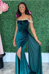 Velvet Mermaid Off-Shoulder Beaded Fringe High Slit Prom Gown
