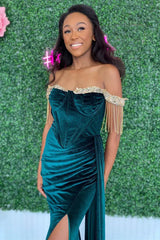 Velvet Mermaid Off-Shoulder Beaded Fringe High Slit Prom Gown