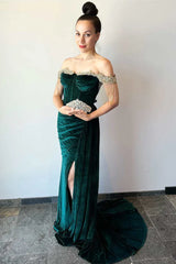 Velvet Mermaid Off-Shoulder Beaded Fringe High Slit Prom Gown