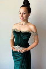Velvet Mermaid Off-Shoulder Beaded Fringe High Slit Prom Gown