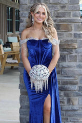 Velvet Mermaid Off-Shoulder Beaded Fringe High Slit Prom Gown