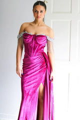 Velvet Mermaid Off-Shoulder Beaded Fringe High Slit Prom Gown