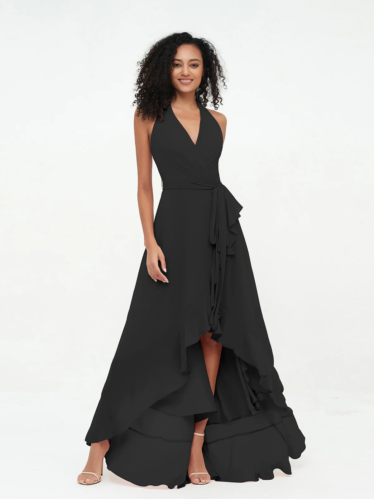 Halter Deep V-Neck Wrap High-Low Ruffle Chiffon Bridesmaid Dress with Waist Sash