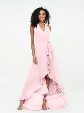 Elegant High-Low Halter V-Neck Chiffon Wrap Ruffle Bridesmaid Dress