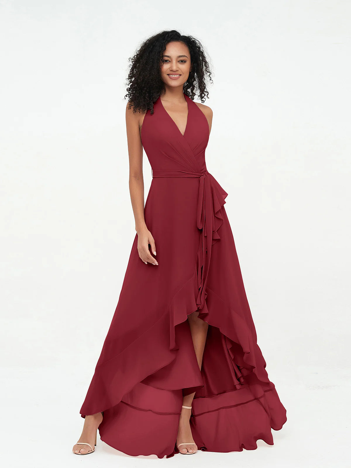 Halter Deep V-Neck Wrap High-Low Ruffle Chiffon Bridesmaid Dress with Waist Sash