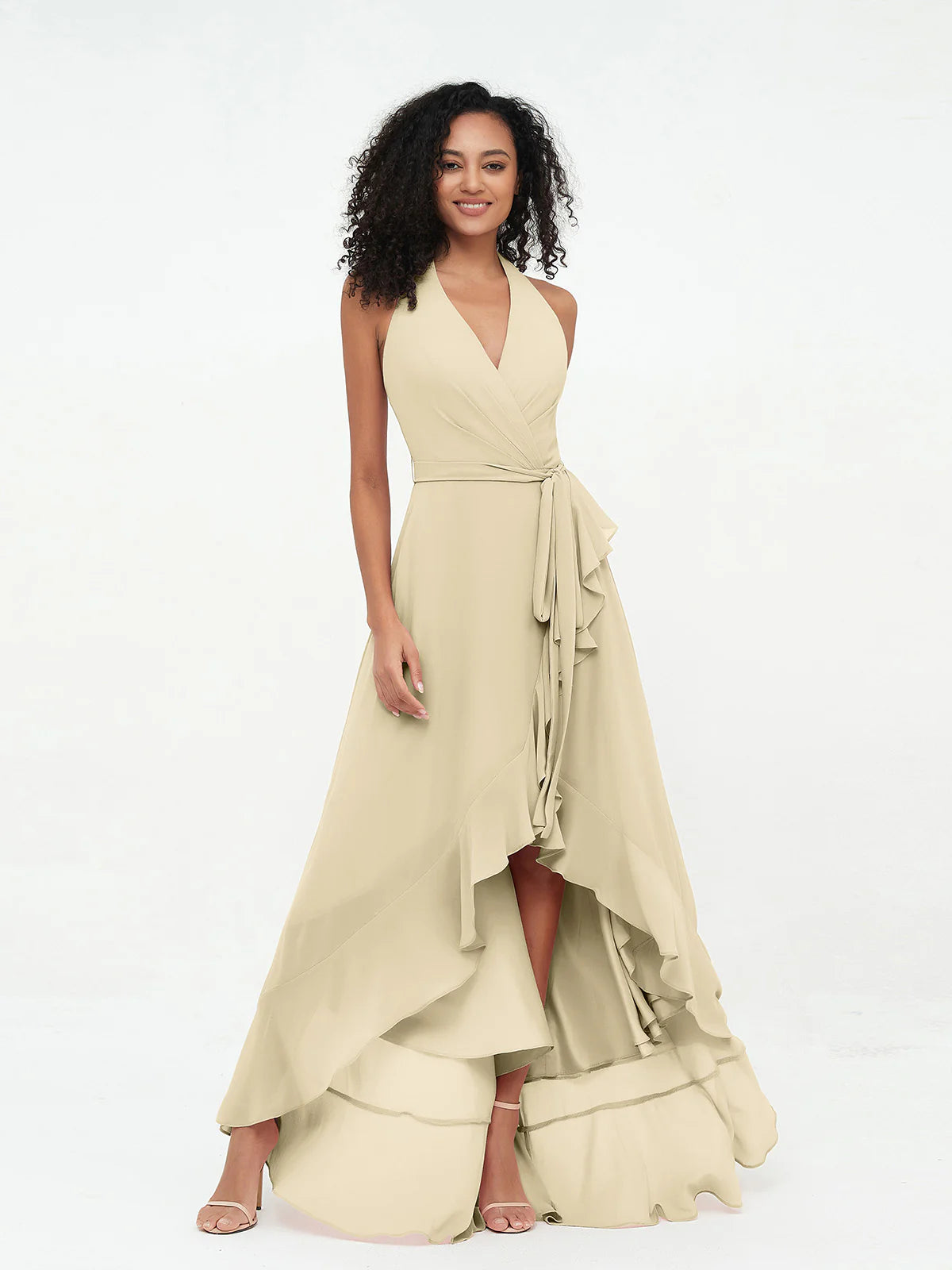Halter Deep V-Neck Wrap High-Low Ruffle Chiffon Bridesmaid Dress with Waist Sash