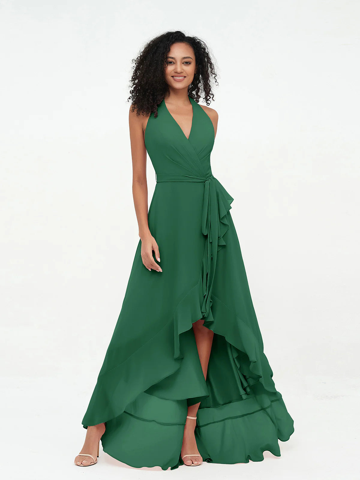 Halter Deep V-Neck Wrap High-Low Ruffle Chiffon Bridesmaid Dress with Waist Sash