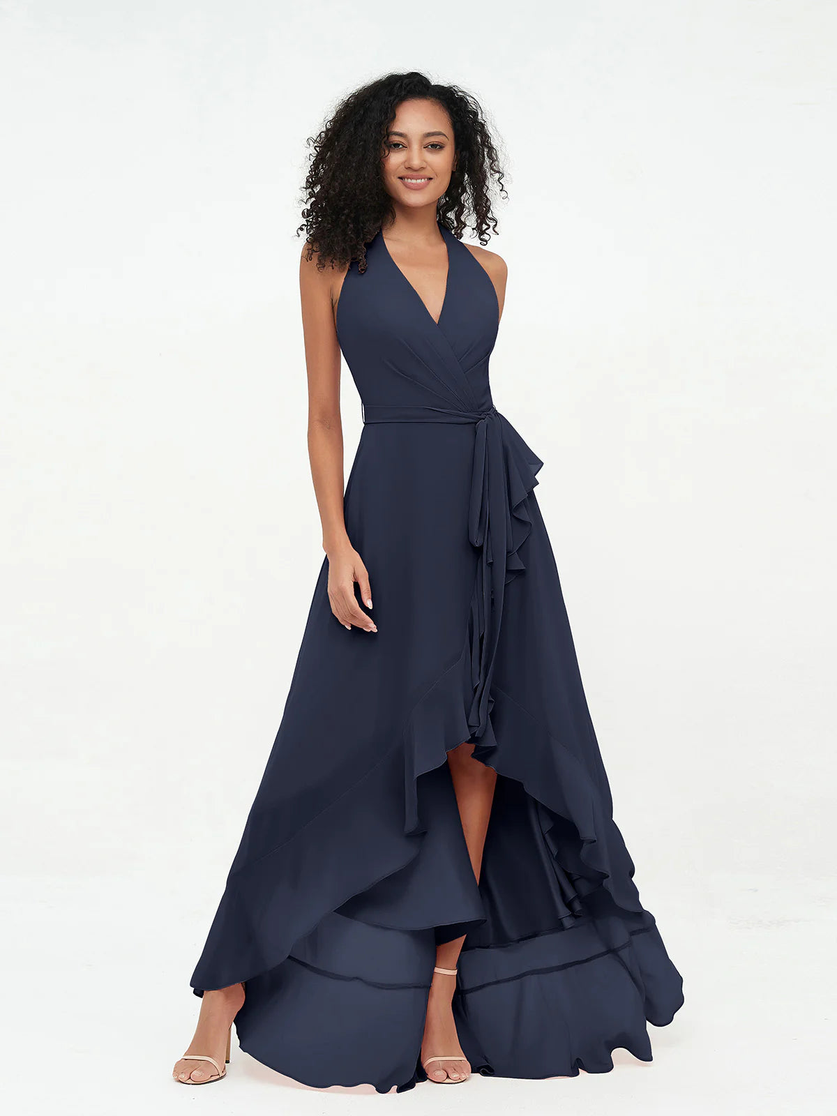 Halter Deep V-Neck Wrap High-Low Ruffle Chiffon Bridesmaid Dress with Waist Sash