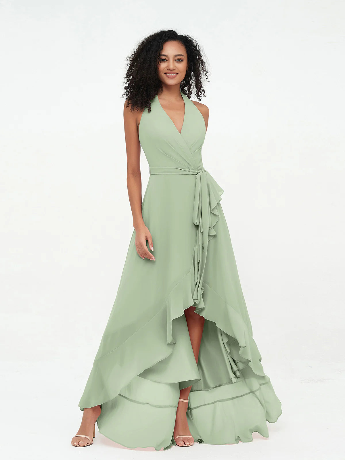 Halter Deep V-Neck Wrap High-Low Ruffle Chiffon Bridesmaid Dress with Waist Sash