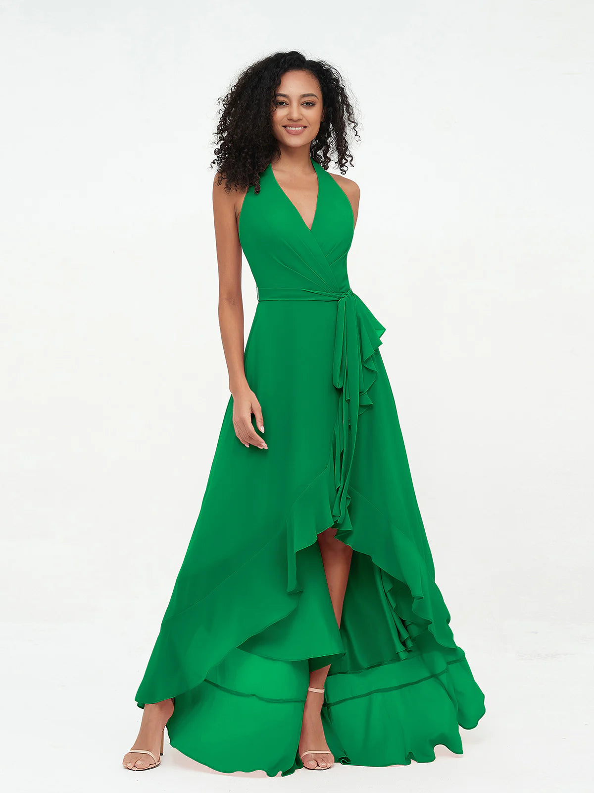 Halter Deep V-Neck Wrap High-Low Ruffle Chiffon Bridesmaid Dress with Waist Sash