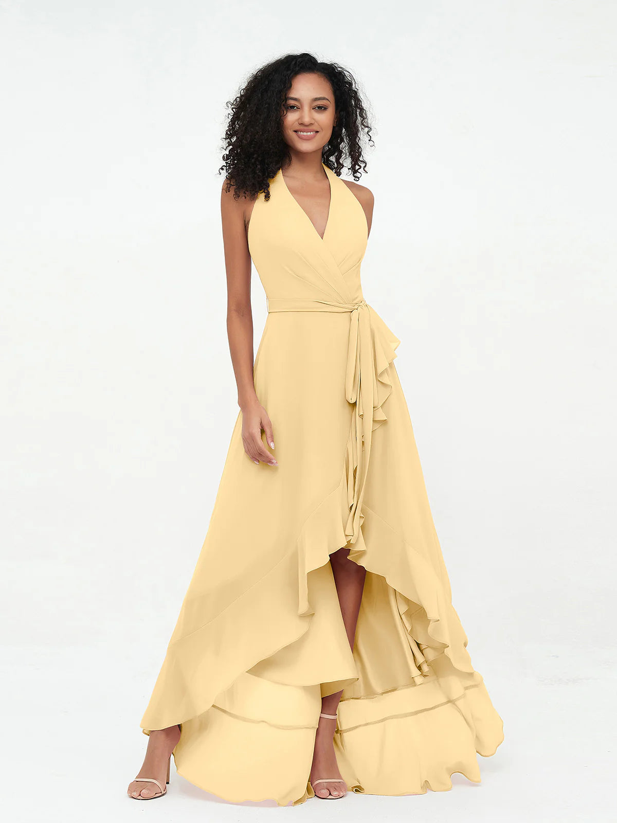 Halter Deep V-Neck Wrap High-Low Ruffle Chiffon Bridesmaid Dress with Waist Sash