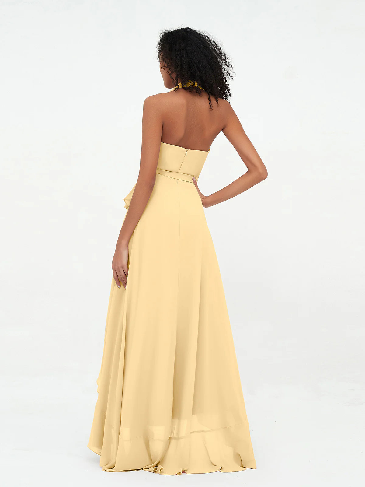 Halter Deep V-Neck Wrap High-Low Ruffle Chiffon Bridesmaid Dress with Waist Sash