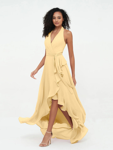 Halter Deep V-Neck Wrap High-Low Ruffle Chiffon Bridesmaid Dress with Waist Sash