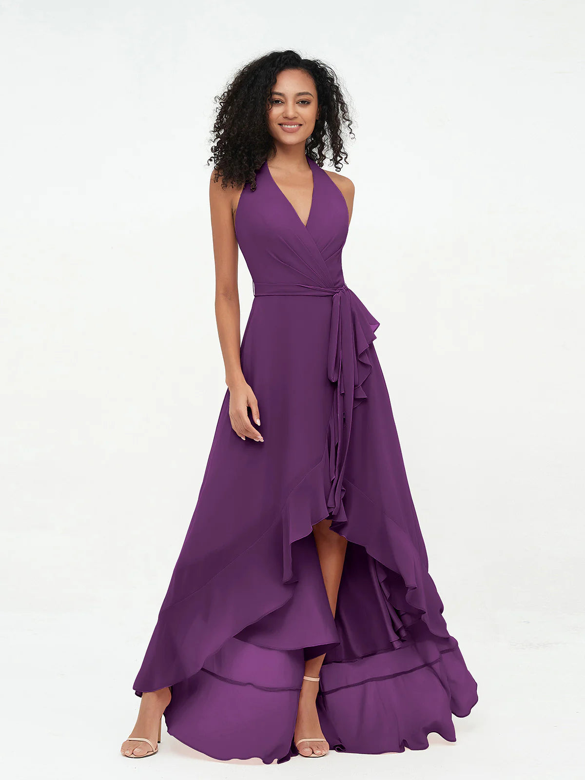 Halter Deep V-Neck Wrap High-Low Ruffle Chiffon Bridesmaid Dress with Waist Sash