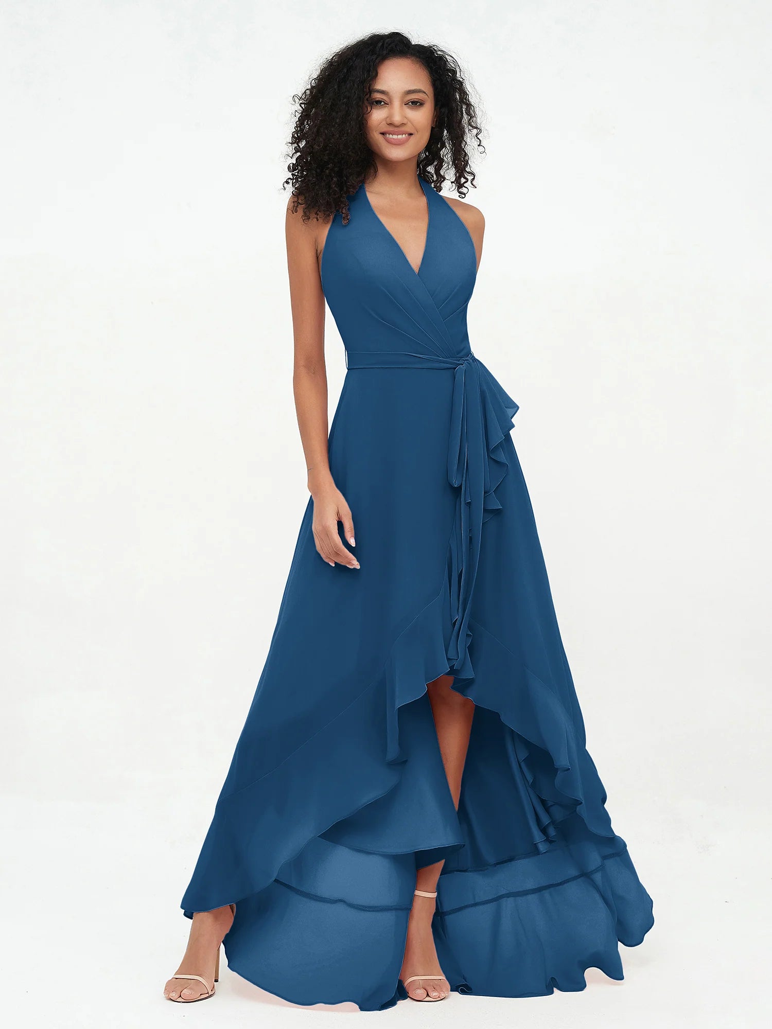 Halter Deep V-Neck Wrap High-Low Ruffle Chiffon Bridesmaid Dress with Waist Sash