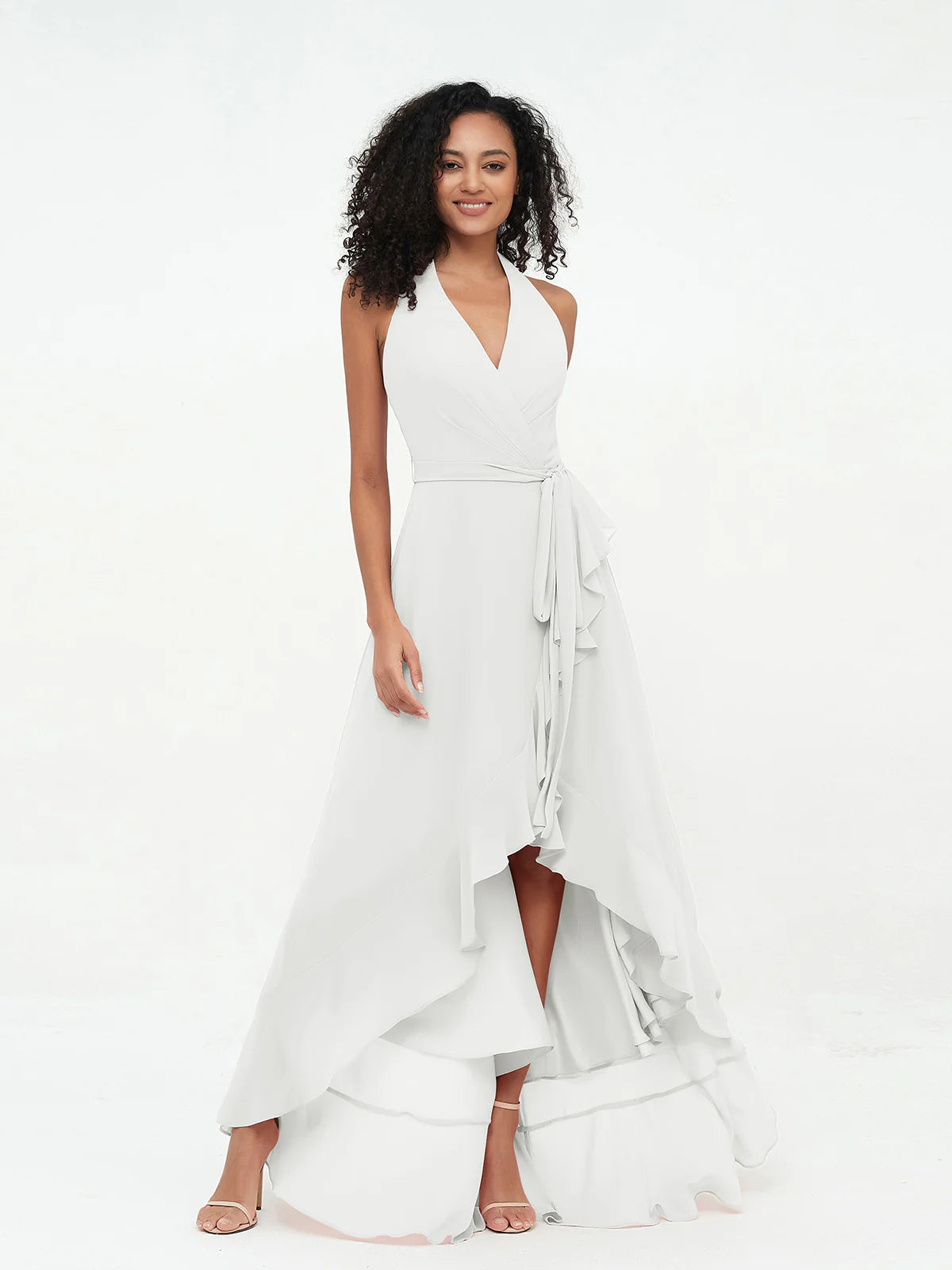 Halter Deep V-Neck Wrap High-Low Ruffle Chiffon Bridesmaid Dress with Waist Sash