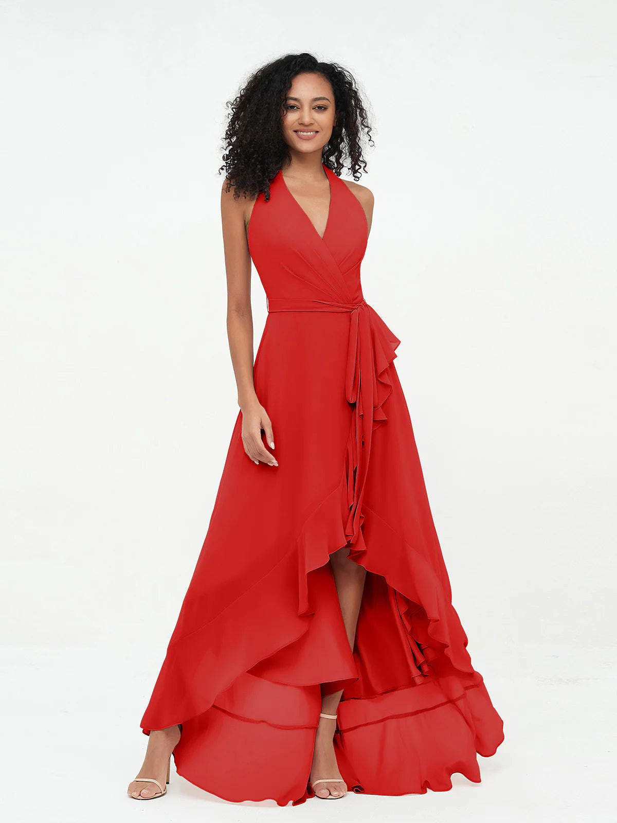 Halter Deep V-Neck Wrap High-Low Ruffle Chiffon Bridesmaid Dress with Waist Sash