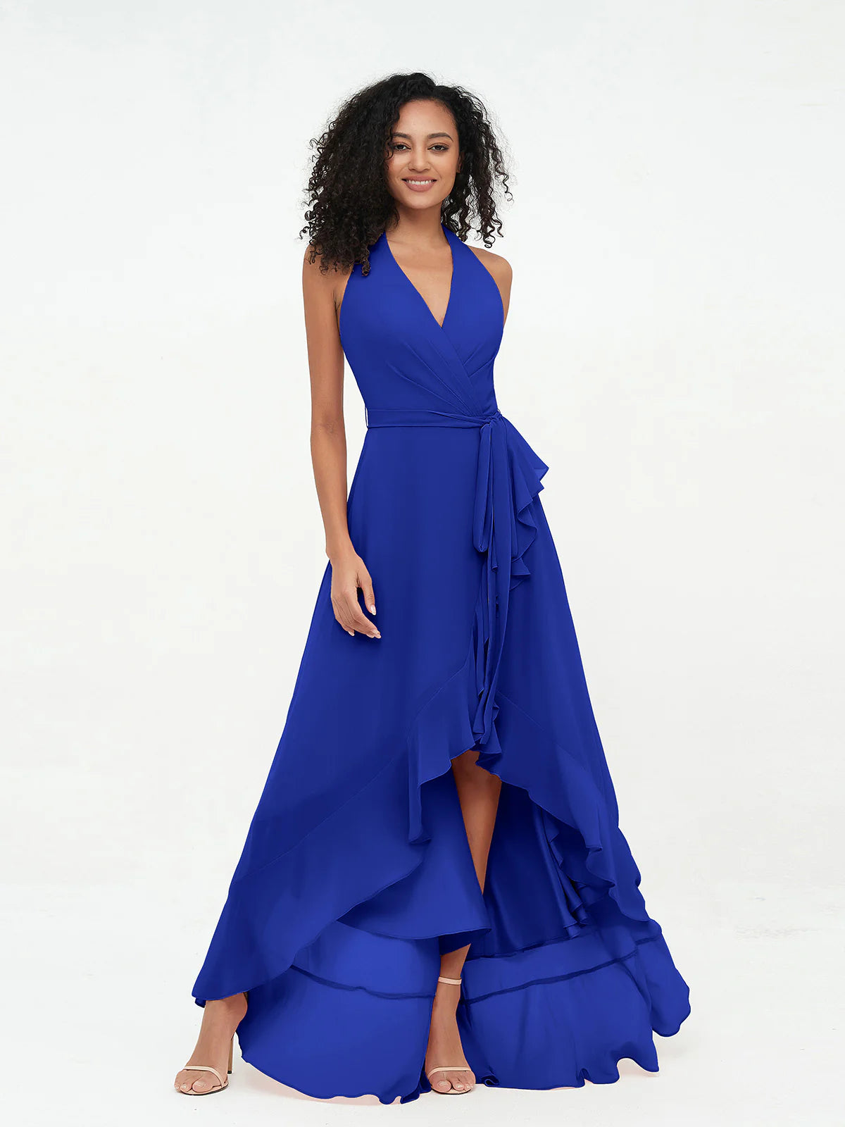 Halter Deep V-Neck Wrap High-Low Ruffle Chiffon Bridesmaid Dress with Waist Sash