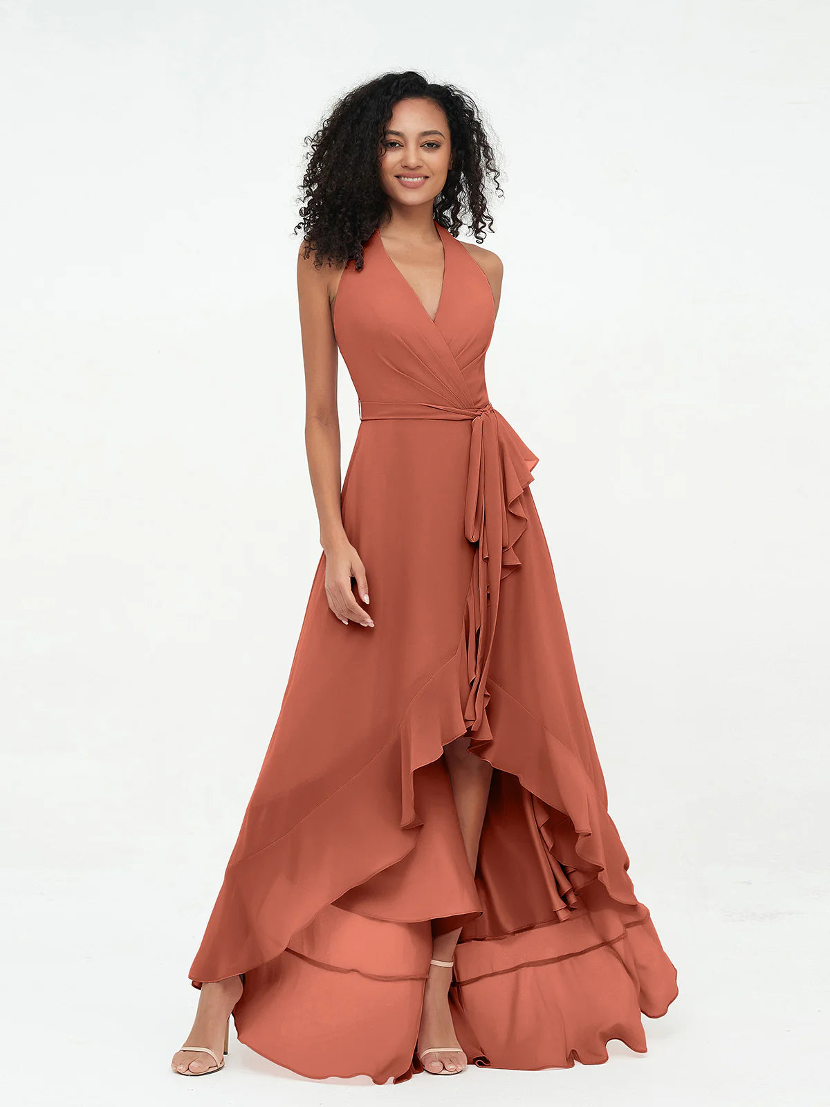 Halter Deep V-Neck Wrap High-Low Ruffle Chiffon Bridesmaid Dress with Waist Sash