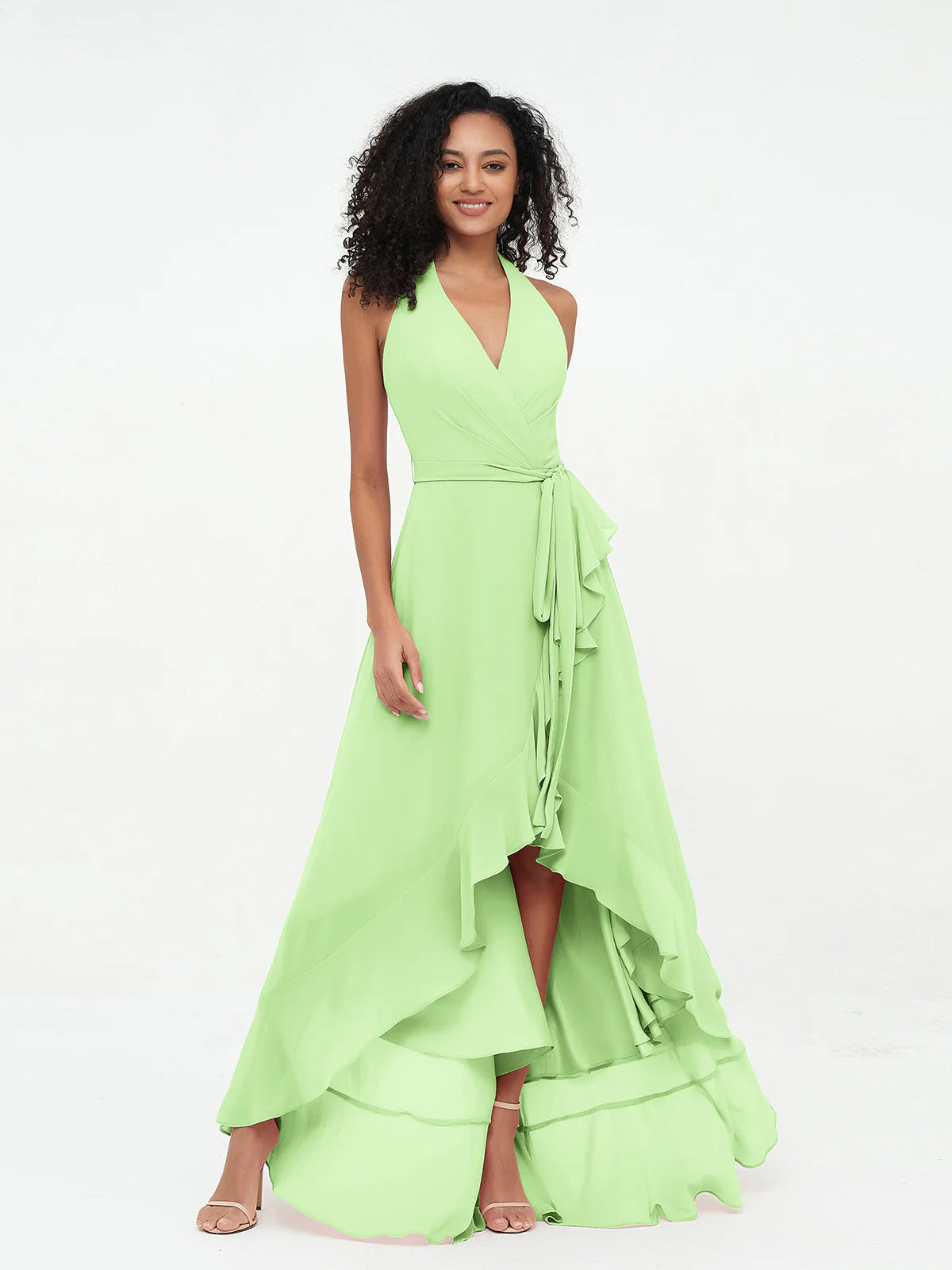 Halter Deep V-Neck Wrap High-Low Ruffle Chiffon Bridesmaid Dress with Waist Sash