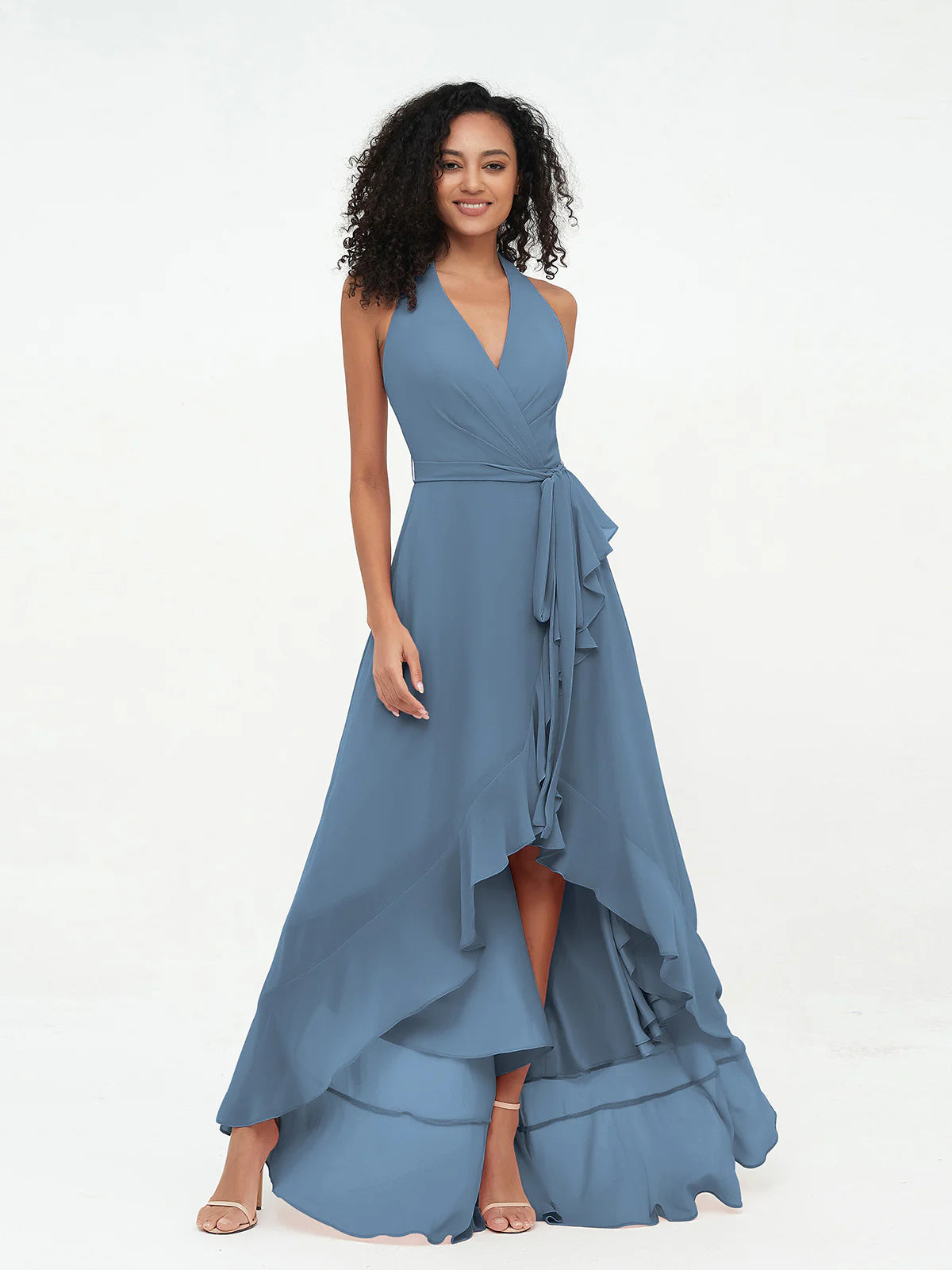 Halter Deep V-Neck Wrap High-Low Ruffle Chiffon Bridesmaid Dress with Waist Sash