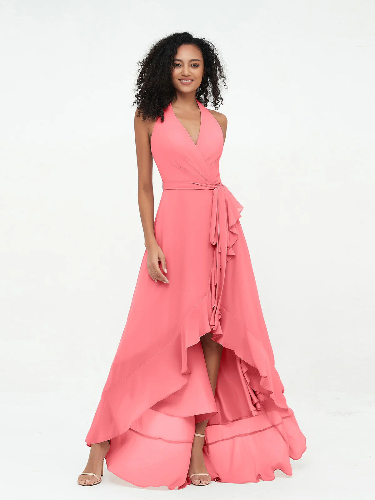 Halter Deep V-Neck Wrap High-Low Ruffle Chiffon Bridesmaid Dress with Waist Sash