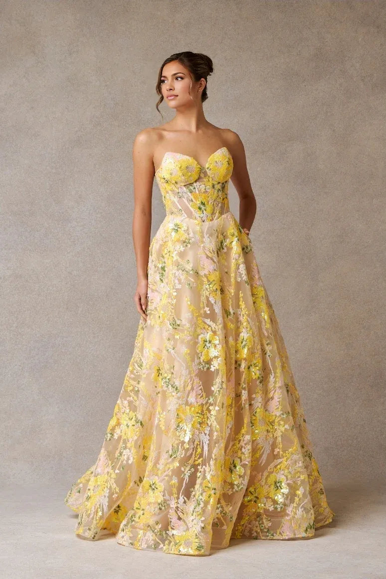 Vibrant Ballgown Sweetheart Strapless Tulle Long Floral Sequin Prom Dress