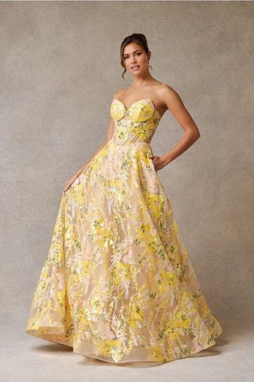Vibrant Ballgown Sweetheart Strapless Tulle Long Floral Sequin Prom Dress