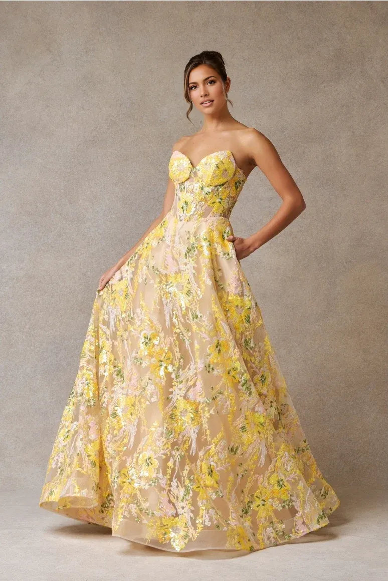 Vibrant Ballgown Sweetheart Strapless Tulle Long Floral Sequin Prom Dress