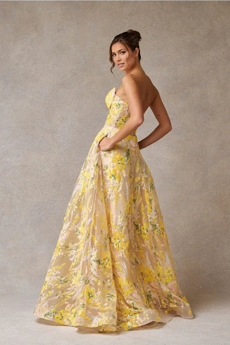 Vibrant Ballgown Sweetheart Strapless Tulle Long Floral Sequin Prom Dress