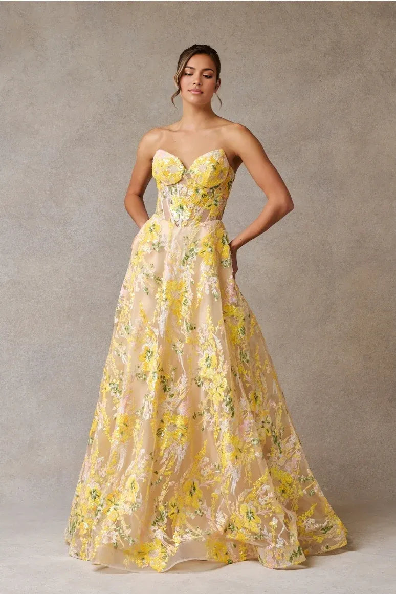 Vibrant Ballgown Sweetheart Strapless Tulle Long Floral Sequin Prom Dress