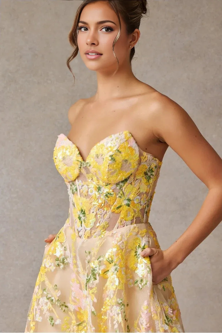 Vibrant Ballgown Sweetheart Strapless Tulle Long Floral Sequin Prom Dress