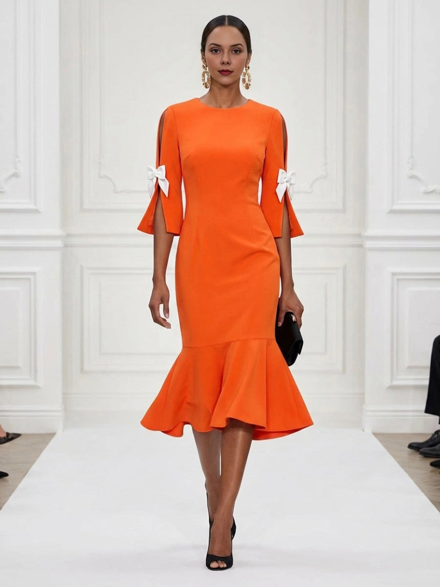 vedress orange plus size mother dress round neck split flare sleeve mermaid midi formal gown with white bow
