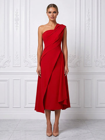 vedress red a line midi wedding guest dress one shoulder draped crepe formal gown