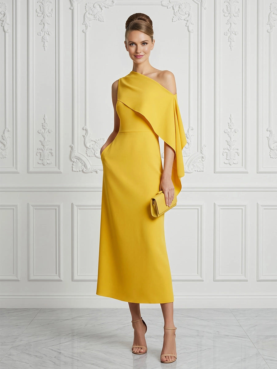 vedress yellow sheath midi mother of the bride dress asymmetric draped one shoulder formal gown with pockets