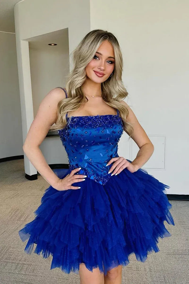 Vibrant Royal A-line Square Spaghetti Strap Zip Back Mini Homecoming Dress