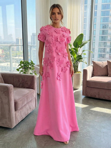 Vedress vibrant pink 3d floral applique short sleeve round neck wedding guest dress front view