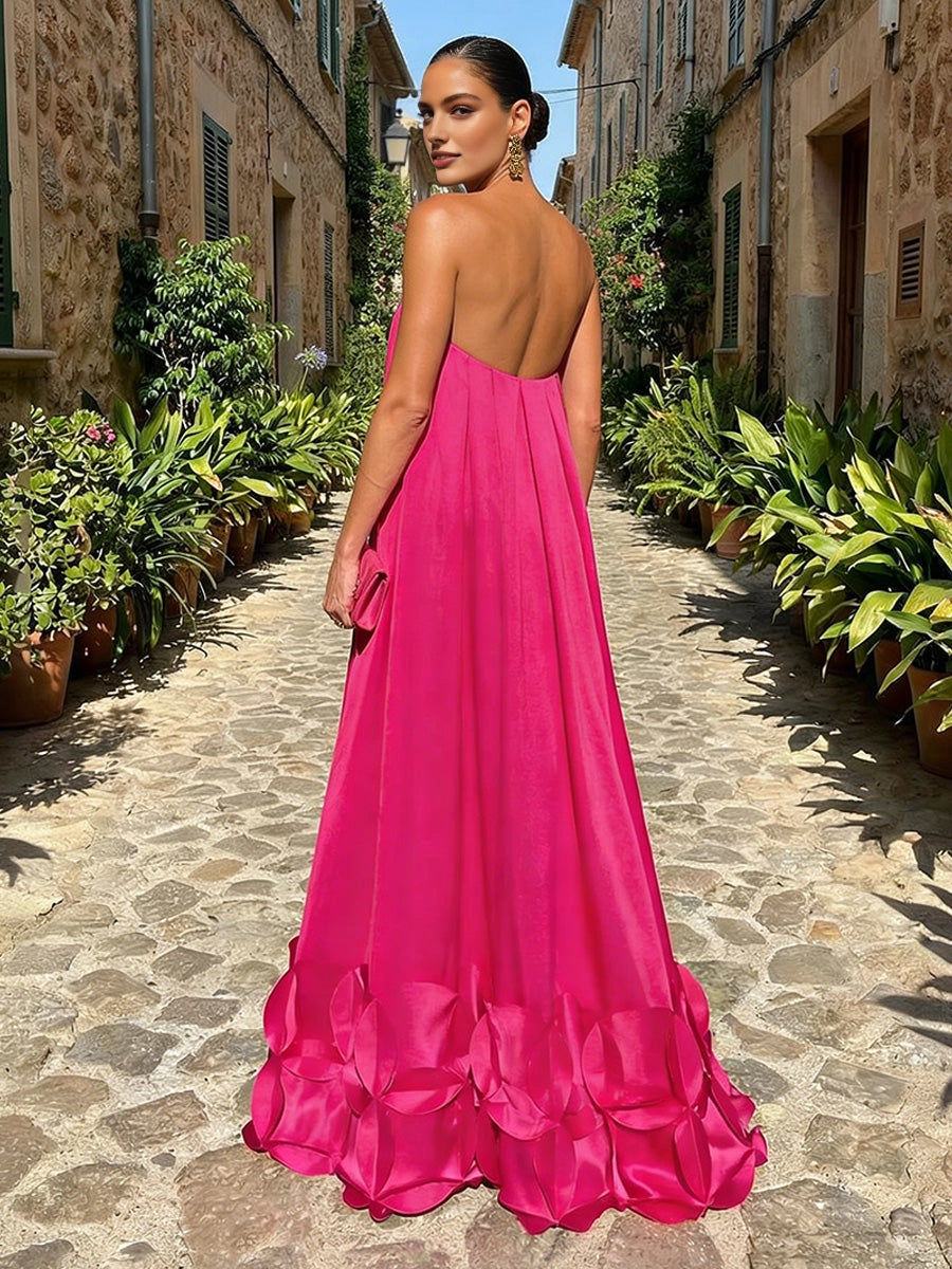 Vedress low open‑back strapless bright‑pink 3D flower hem formal wedding guest dress back view