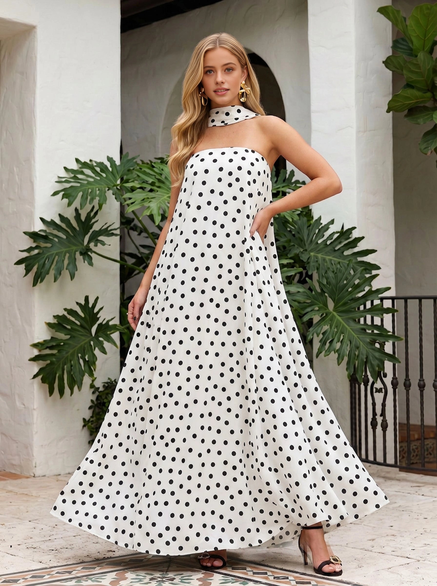 Vedress white black polka‑dot halter long a‑line bridesmaid maxi gown