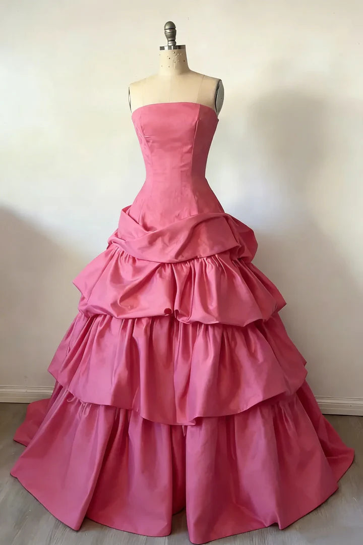 Strapless Corset Back Tiered Satin Ball Gown Wedding Quinceañera Dress
