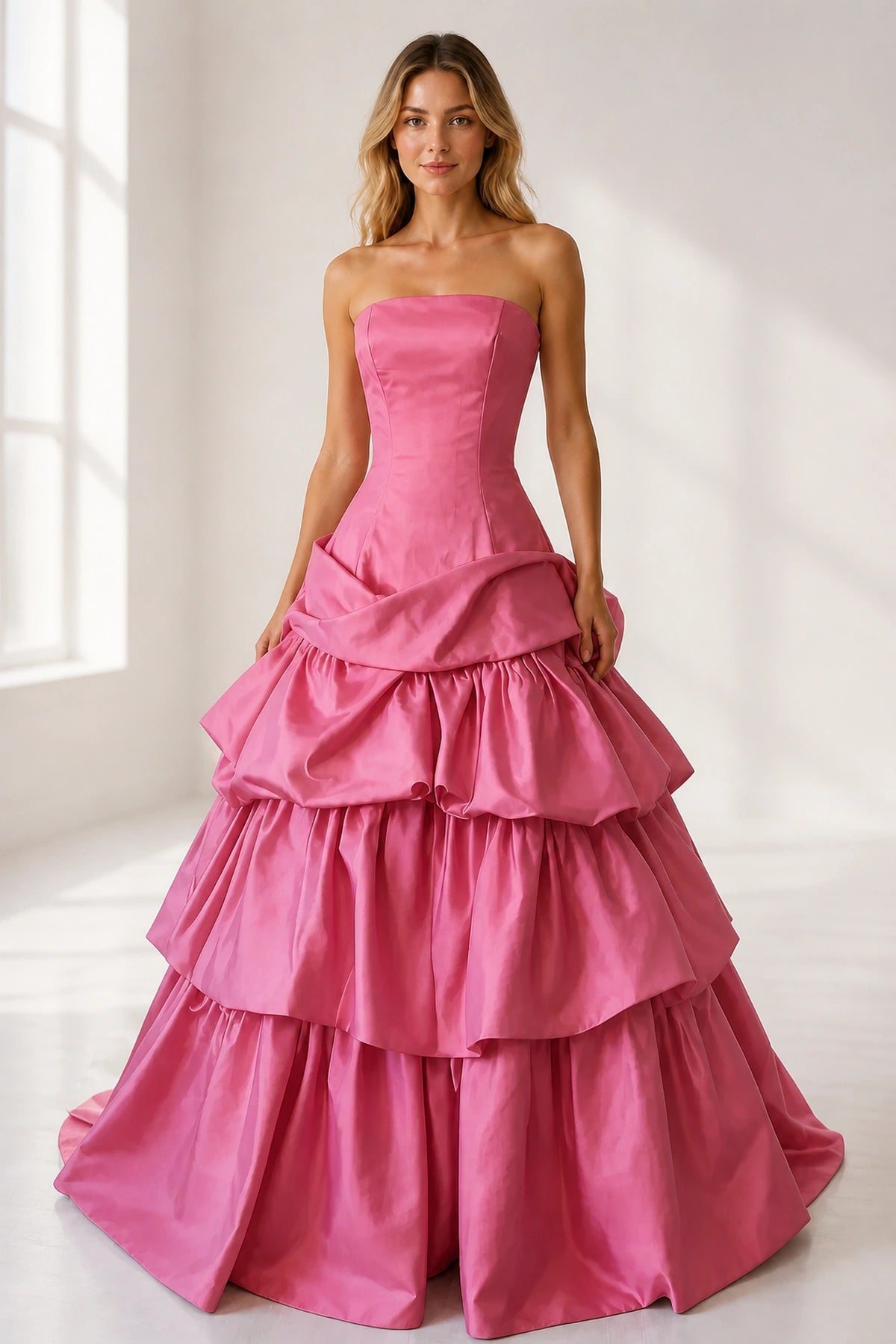 Regal Burgundy Ball Gown Strapless Sleeveless Satin Ruffled Prom Dress