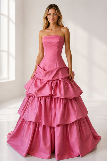 Regal Burgundy Ball Gown Strapless Sleeveless Satin Ruffled Prom Dress