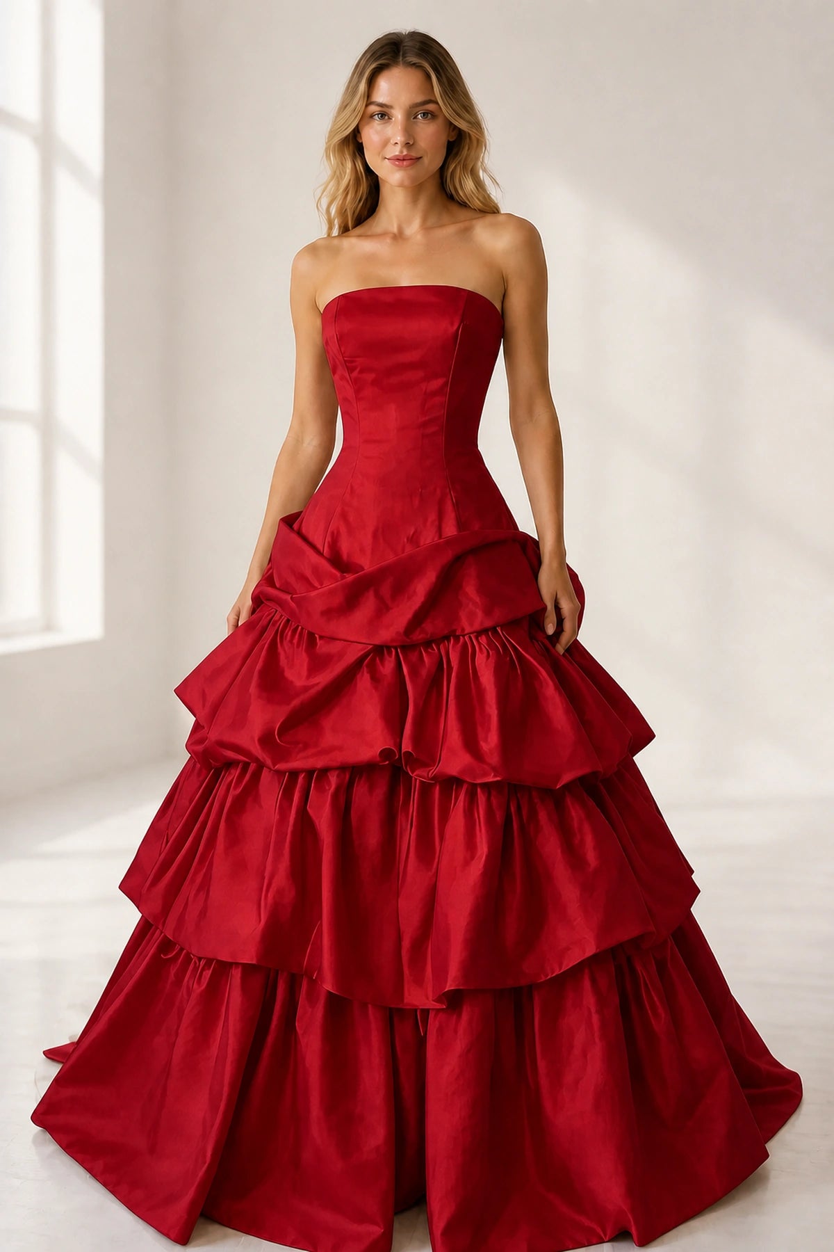 Regal Burgundy Ball Gown Strapless Sleeveless Satin Ruffled Prom Dress