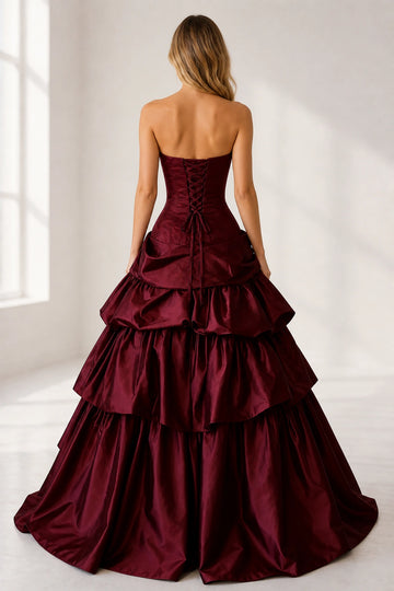 Regal Burgundy Ball Gown Strapless Sleeveless Satin Ruffled Prom Dress
