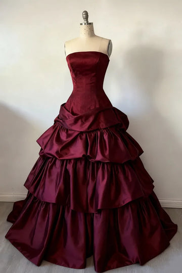 Strapless Corset Back Tiered Satin Ball Gown Wedding Quinceañera Dress