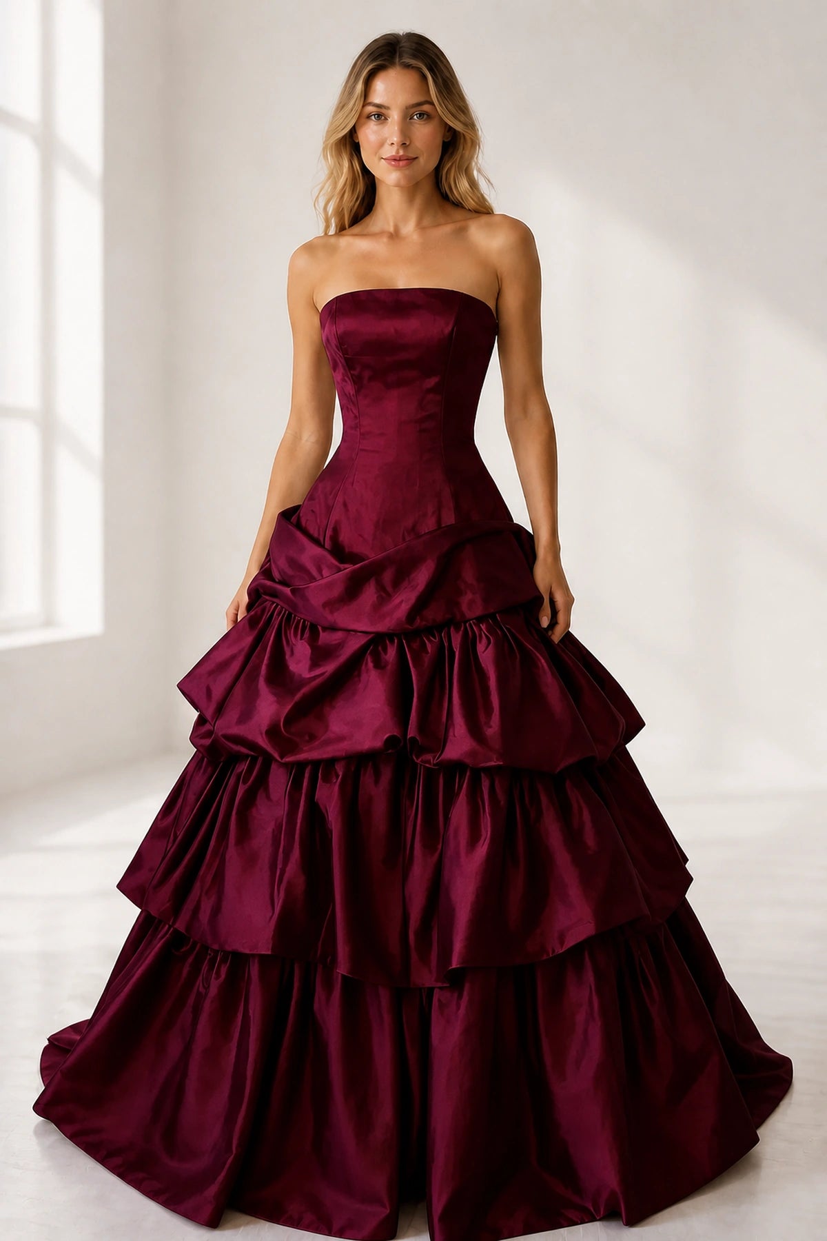 Regal Burgundy Ball Gown Strapless Sleeveless Satin Ruffled Prom Dress