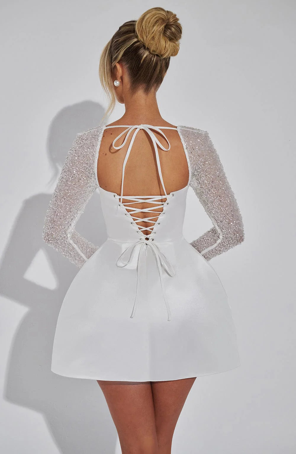 Voluminous Skater Square Neck Long Sleeve Satin Mini Lace-Up Back Party Dress