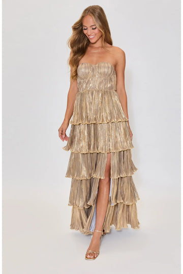 Voluminous Tiered Ruffle Strapless Bustier Metallic Pleated High Slit Floor-Length Maxi Evening Dress