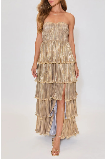 Voluminous Tiered Ruffle Strapless Bustier Metallic Pleated High Slit Floor-Length Maxi Evening Dress