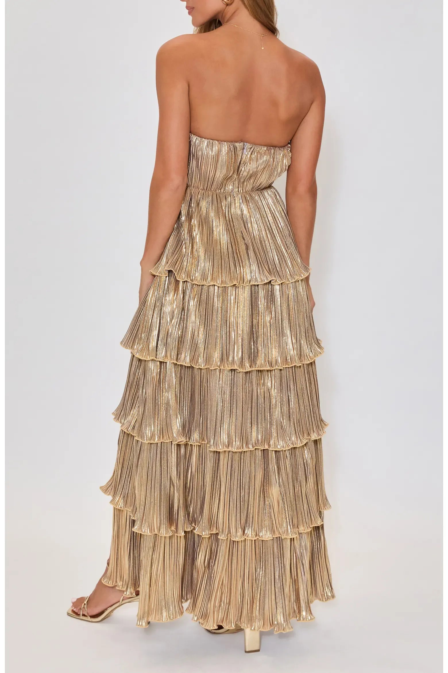Voluminous Tiered Ruffle Strapless Bustier Metallic Pleated High Slit Floor-Length Maxi Evening Dress